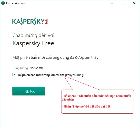 Kaspersky Free cập nhập phiên bản mới nếu có